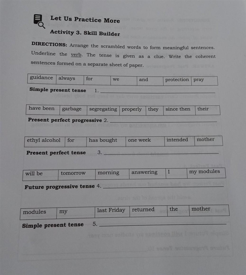 Let Us Practice More Activity 3. Skill Builder DIRECTIONS: Arrange the scrambled words-example-1