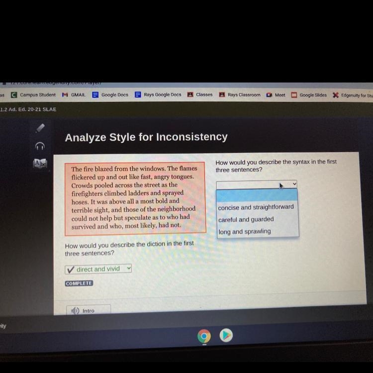 How would you describe the syntax in the first three sentences-example-1