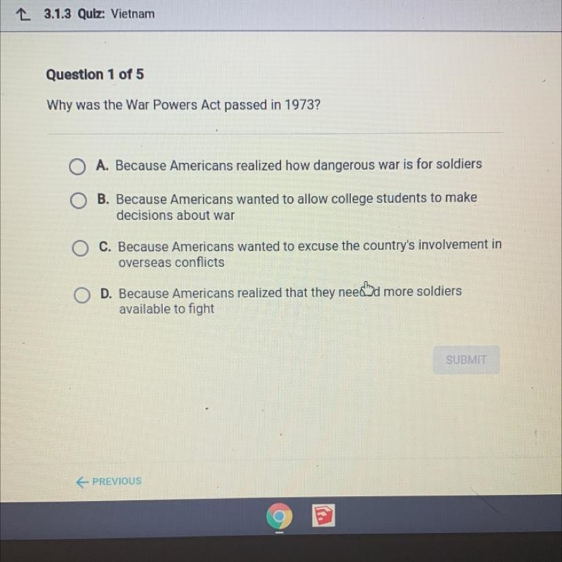 Why was the War Powers Act passed in 1973? A. Because Americans realized how dangerous-example-1