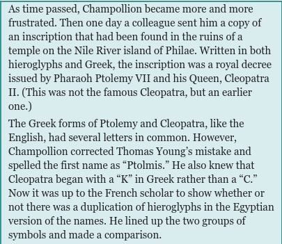 Based on the passage, how was Champollion able to translate more hieroglyphs than-example-1