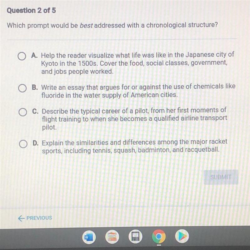 Which prompt would be best addressed with a chronological structure? A. Help the reader-example-1