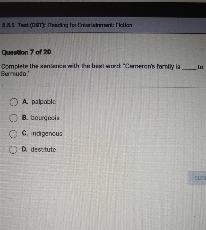 Question 7 of 20 Complete the sentence with the best word: "Cameron's family-example-1