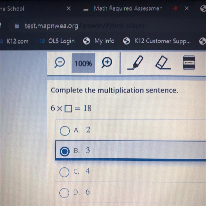 Complete the multiplication sentence. 6X = 18 O A. 2 O B. 3 O c. 4 OD. 6 O E. 12-example-1