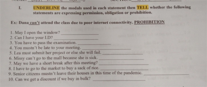 Direction : Underline the modals and tell whether the following are expressing permission-example-1