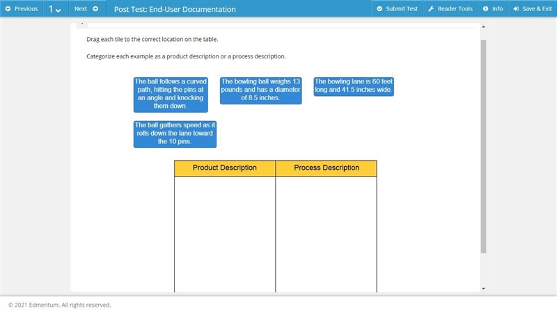 Categorize each example as a product description or a process description.-example-1