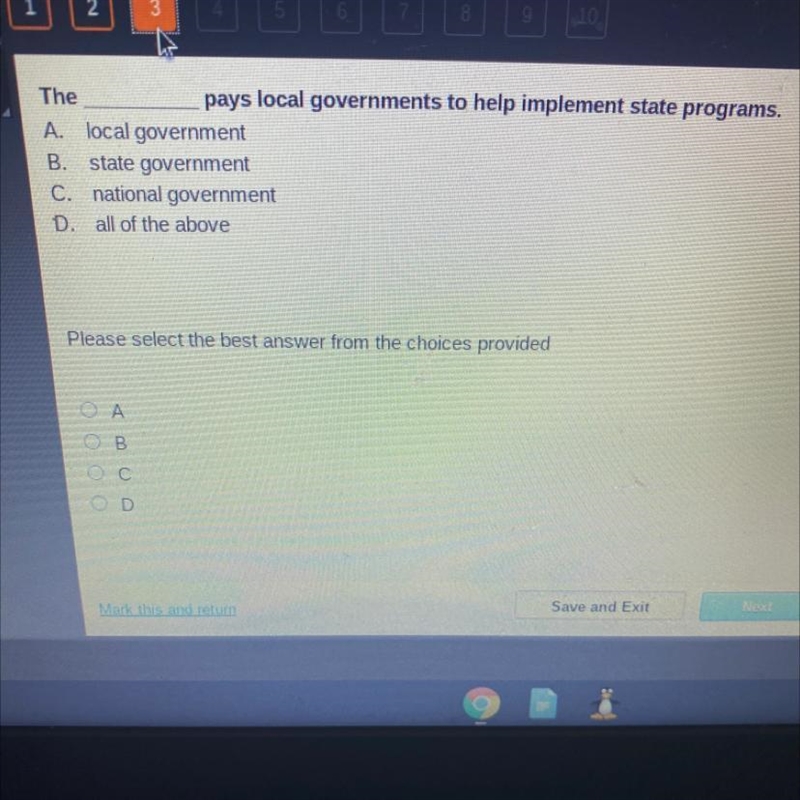 The HELP TIME REMAINING: 40:00. pays local governments to help implement state programs-example-1