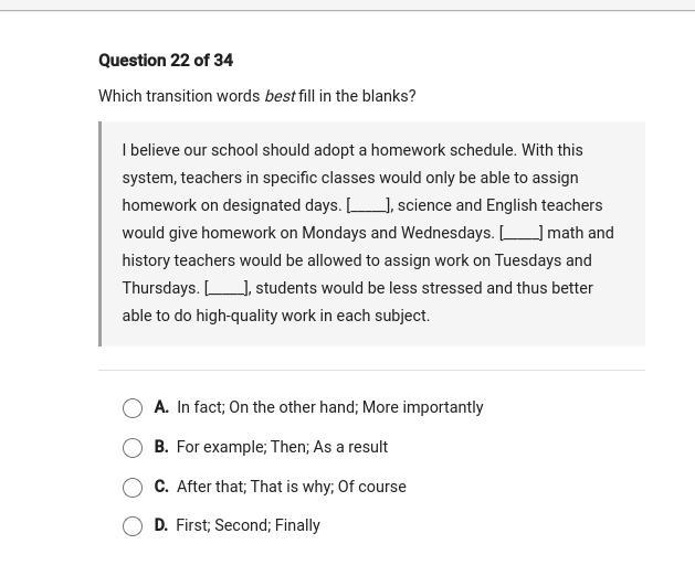 Which transition word best fills in the blanks? no links please just a,b,c,or d-example-1