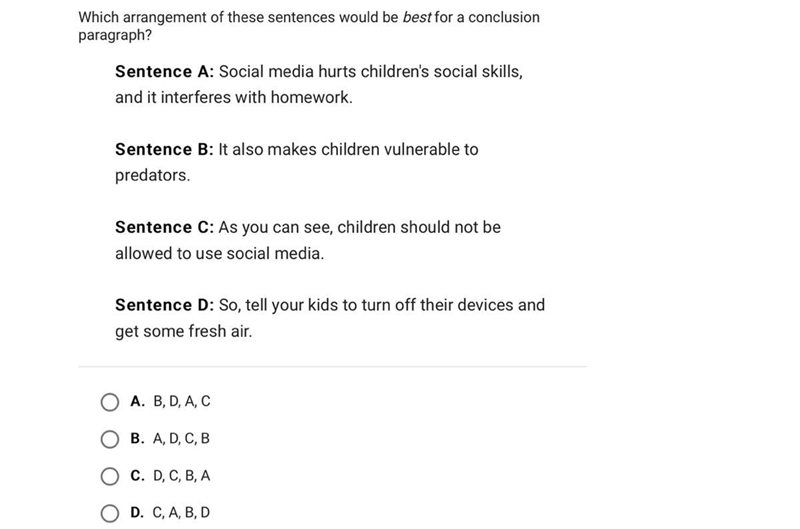 Which arrangement of these sentences would be best for a conclusion paragraph? Sentence-example-1