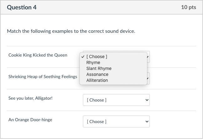 Choose: Rhyme, Slant Rhyme, Assonance, Alliteration-example-1