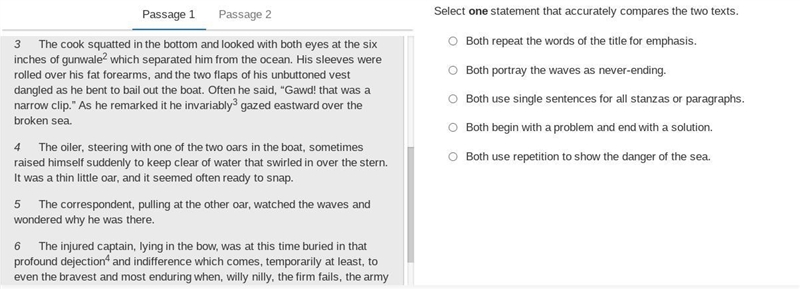 HELP ! read passage 1 "fromThe Open Boat" then read passage 2( a poem) &quot-example-2