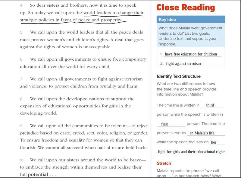 Malala repeats the phrase “we call upon . . .” in her speech. Why? What effect does-example-2