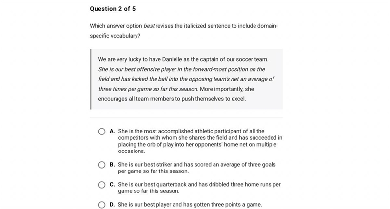 Which answer option best revises the italicized sentence to include domain-specific-example-1