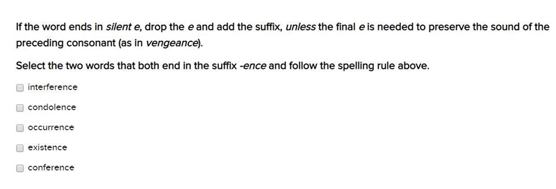 Select the two words that both end in the suffix -ence and follow the spelling rule-example-1