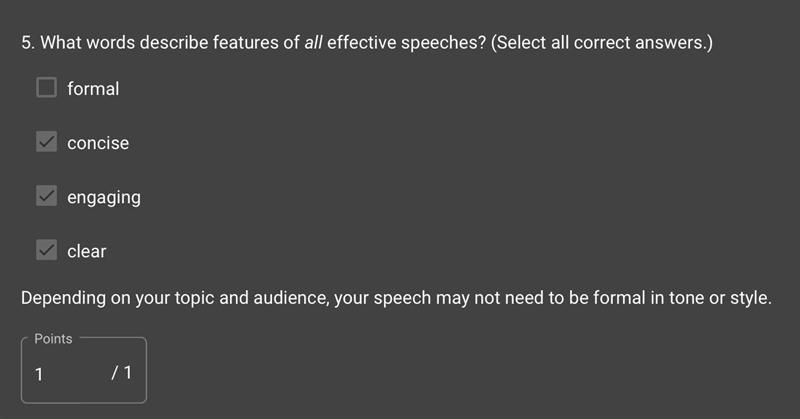 What words describe features of all effective speeches? (Select all correct answers-example-1