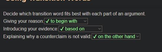 Decide which transition word fits best with each part of an argument. Giving your-example-1