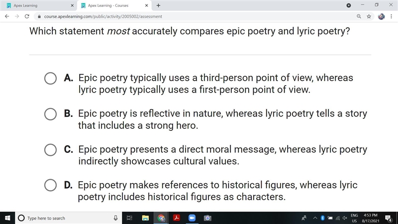 Which statement most accurately compares epic poetry to lyric poetry?-example-1