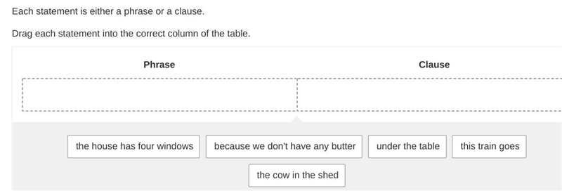 Each statement is either a phrase or a clause. Drag each statement into the correct-example-1