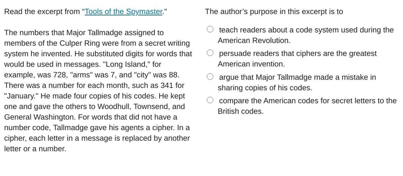 Read the excerpt from “Tools of the Spymaster." The numbers that Major Tallmadge-example-1