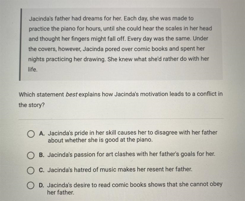 Which statement best explains how Jacindas motivation leads to the conflict in the-example-1