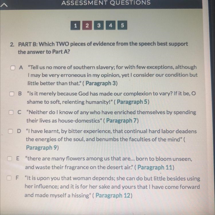 2. PART B: Which TWO pieces of evidence from the speech best support the answer to-example-1