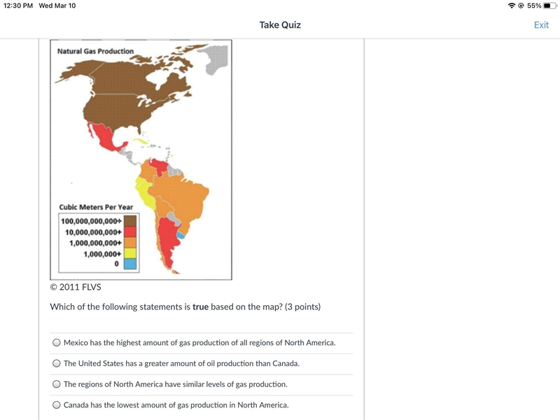 The map depicts natural gas production in North and South America. Countries producing-example-1