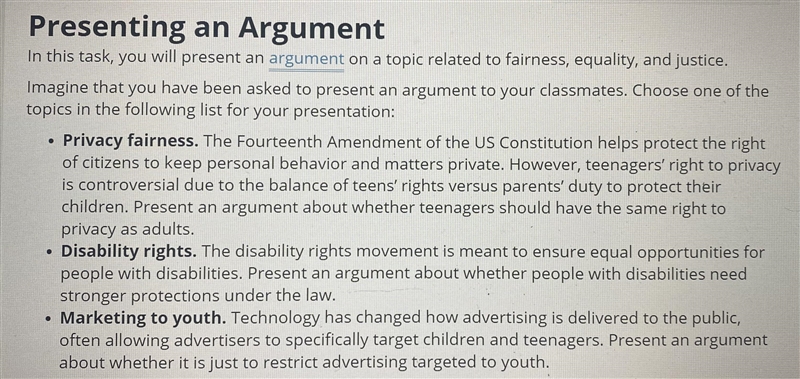 Present an argument on a topic related to fairness, equality, and justice.-example-1