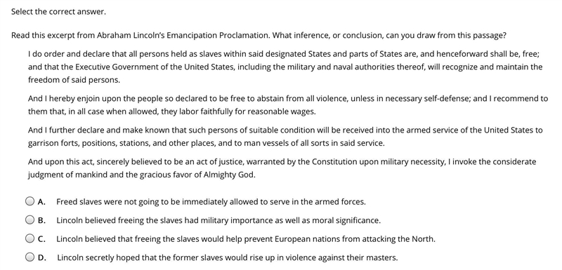 Read this excerpt from Abraham Lincoln’s Emancipation Proclamation. What inference-example-1