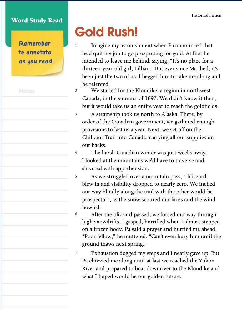 Write a three-sentence summary of “Gold Rush!” using at least one word from the spelling-example-2