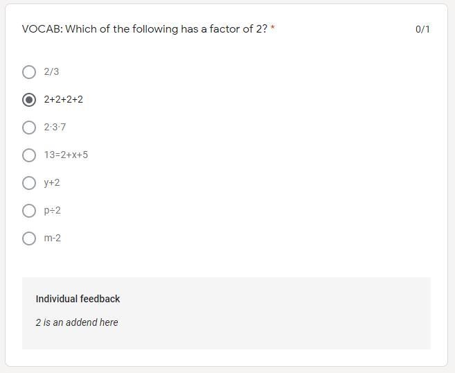 VOCAB: Which of the following has a factor of 2? 2/3 2+2+2+2 2·3·7 13=2+x+5 y+2 p-example-1