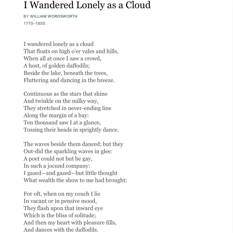 In the poem, I wandered lonely as a cloud, who is the narrator? The narrator is a-example-1