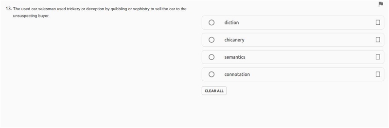 13.The used car salesman used trickery or deception by quibbling or sophistry to sell-example-1