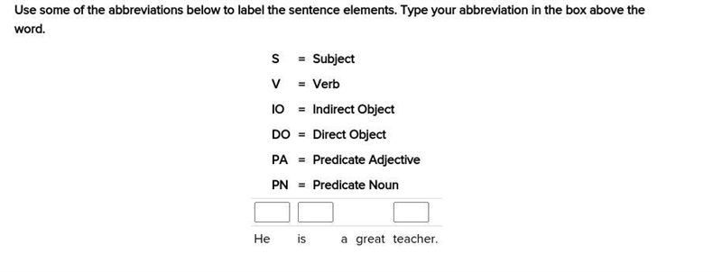 S = Subject V = Verb IO = Indirect Object DO = Direct Object PA = Predicate Adjective-example-1