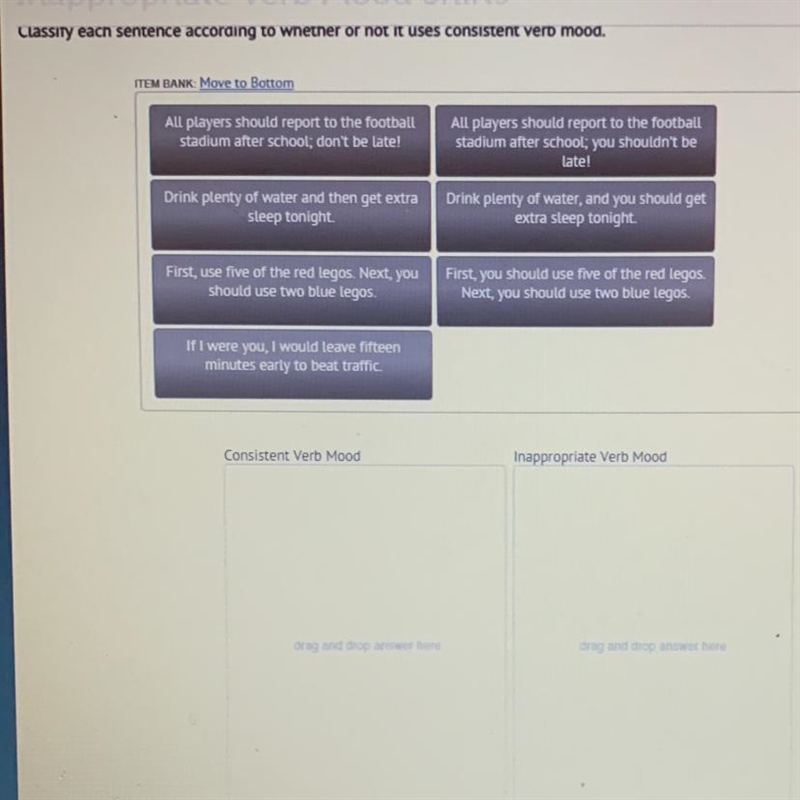 Classify if each sentence according to whether or not it uses consistent verb mood-example-1