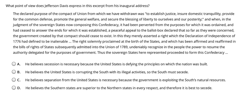 Help pls I only have one try!!! What point of view does Jefferson Davis express in-example-1