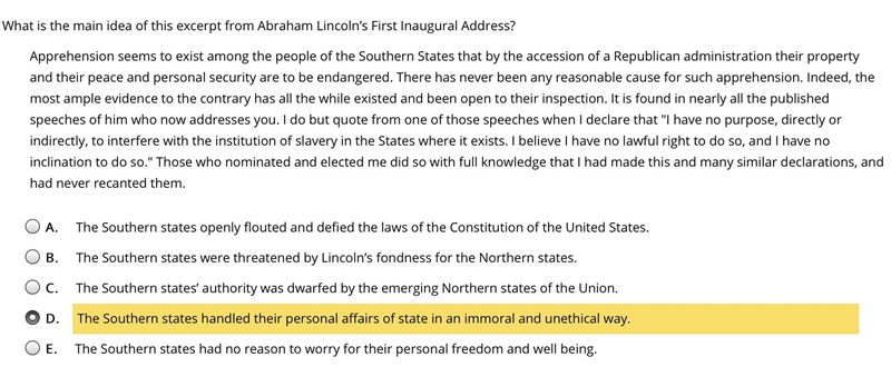 Help me pls!!!! What is the main idea of this excerpt from Abraham Lincoln’s First-example-1