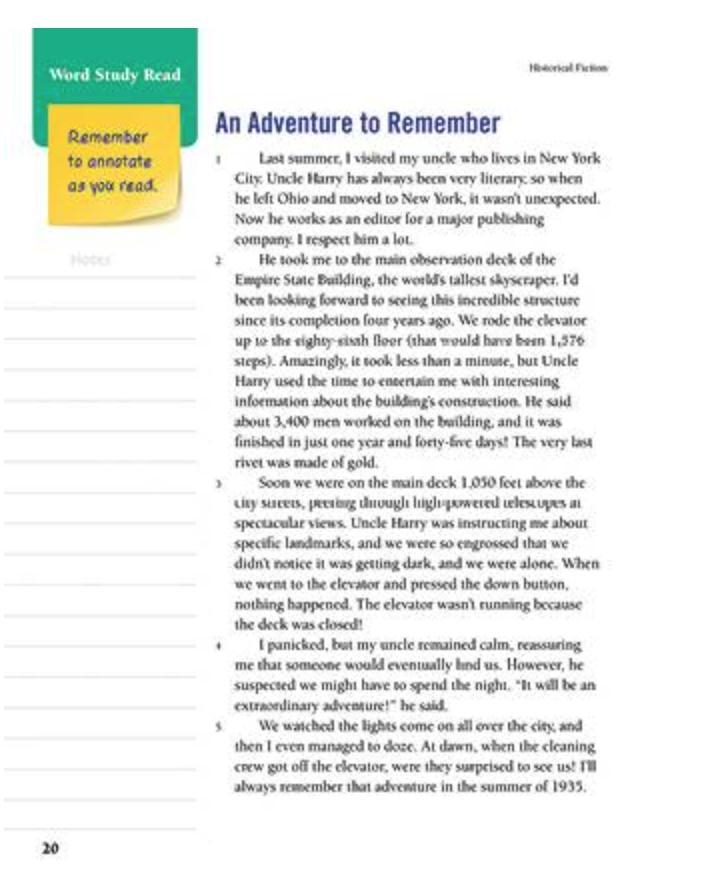 Write a three-sentence summary of “An Adventure to Remember,” using at least one word-example-1