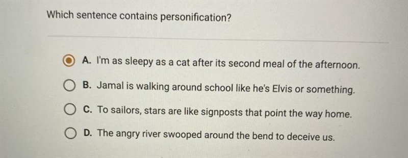 Which sentence contains personification? help pls-example-1