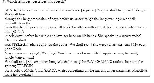 Which term best describes this speech? A. dialogue B. monologue C. soliloquy D. aside-example-1