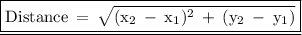 \begin{gathered} {\underline{\boxed{ \rm {\red{ Distance \: = \: \sqrt{(x_2 \: - \: x_1) ^(2) \: + \:(y_2 \: - \: y_1)} }}}}}\end{gathered}