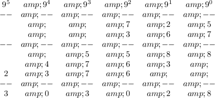 \begin{array}{cccccc}9^5&amp;9^4&amp;9^3&amp;9^2&amp;9^1&amp;9^0\\--&amp;--&amp;--&amp;--&amp;--&amp;--\\&amp;&amp;&amp;7&amp;2&amp;5\\&amp;&amp;&amp;3&amp;6&amp;7\\--&amp;--&amp;--&amp;--&amp;--&amp;--\\&amp;&amp;5&amp;5&amp;8&amp;8\\&amp;4&amp;7&amp;6&amp;3&amp;\\2&amp;3&amp;7&amp;6&amp;&amp;\\--&amp;--&amp;--&amp;--&amp;--&amp;--\\3&amp;0&amp;3&amp;0&amp;2&amp;8\end{array}