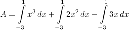\displaystyle A = \int\limits^1_(-3) {x^3} \, dx + \int\limits^1_(-3) {2x^2} \, dx - \int\limits^1_(-3) {3x} \, dx
