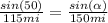 (sin(50))/(115 mi) = (sin(\alpha))/(150 mi)