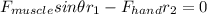 F_(muscle)sin \theta r_(1) - F_(hand) r_(2) = 0