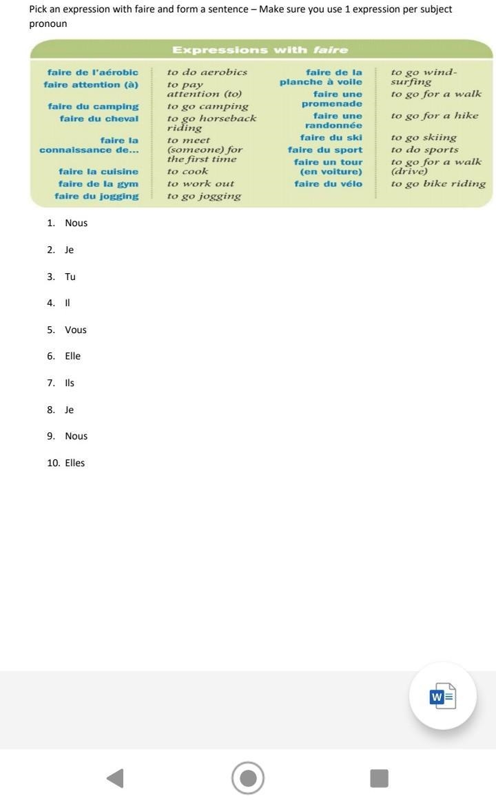 Pick an expression with faire and form a sentence make sure you use 1 expression subject-example-1