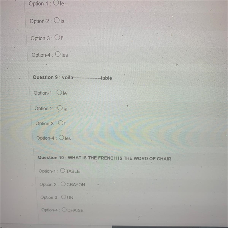 Question 9 : voila----------------table Option-1: Ole Option-2 -Ola Option-3: ON Option-example-1