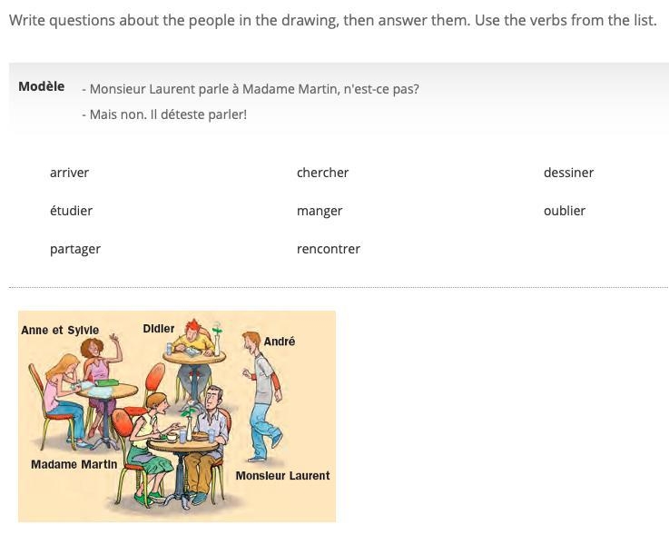 Write questions about the people in the drawing, then answer them. Use the verbs from-example-1