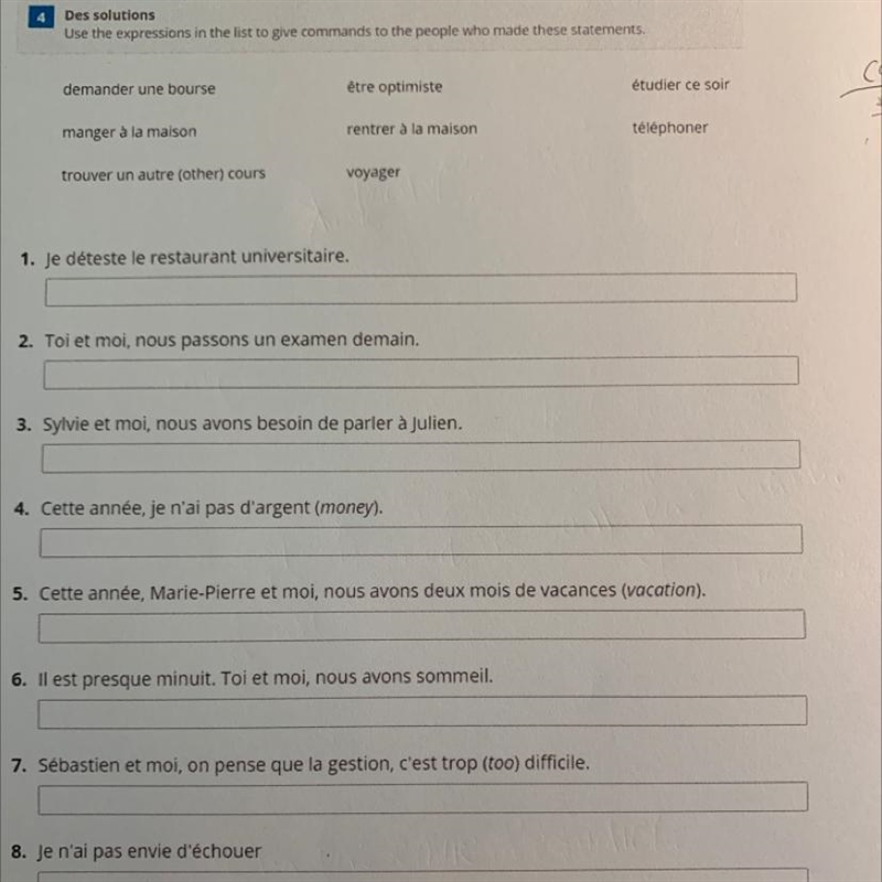 Des solutions Use the expressions in the list to give commands to the people who made-example-1