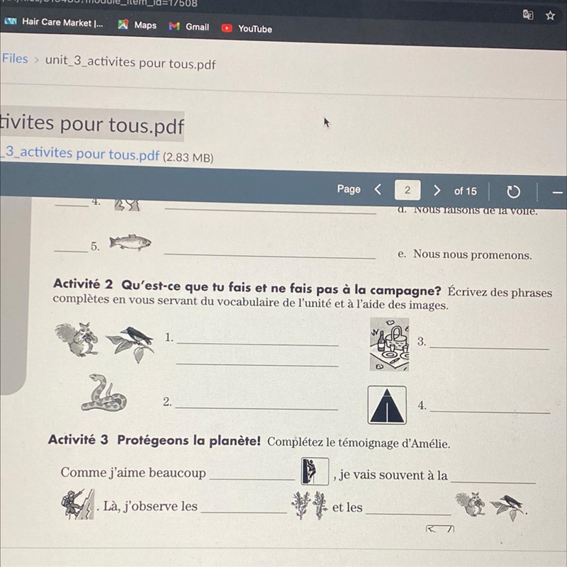 Activité 2 Qu'est-ce que tu fais et ne fais pas à la campagne? Écrivez des phrases-example-1