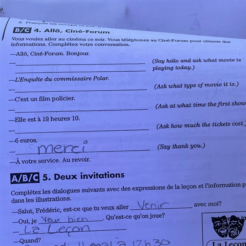 B/C 4. Alló, Ciné-Forum Vous voulez aller au cinéma ce soir. Vous téléphonez au Cin-example-1