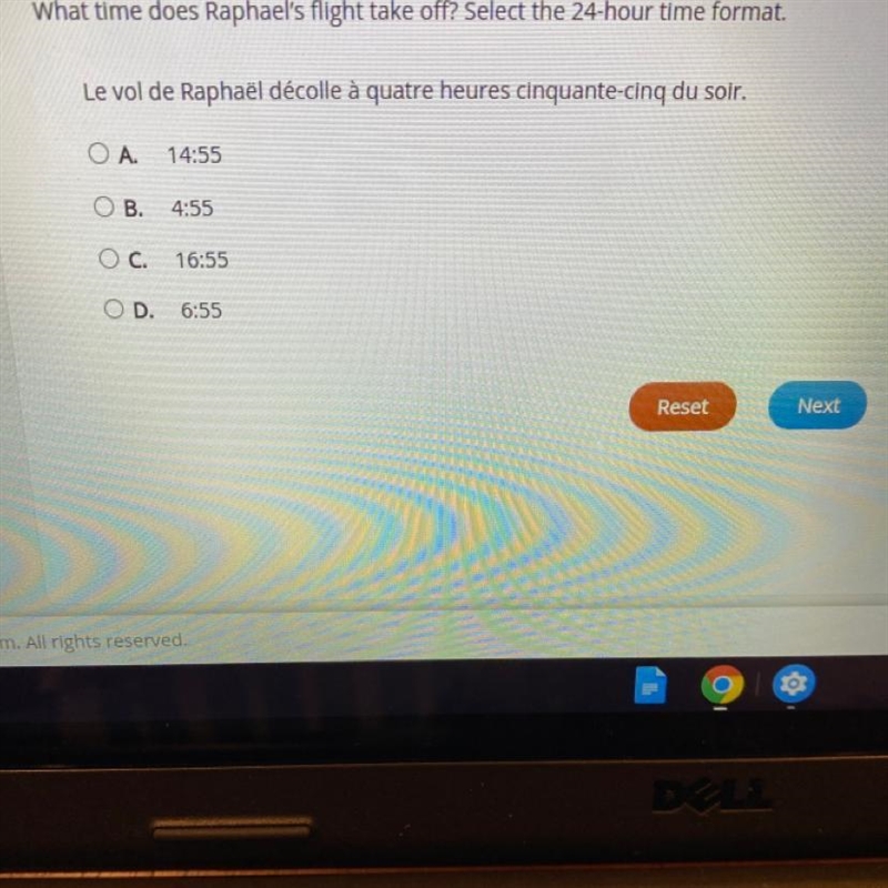 16 Select the correct answer. What time does Raphael's flight take off? Select the-example-1